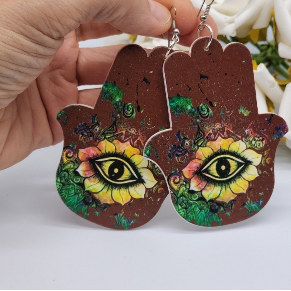 ❤️ Large Lightweight Earrings Wood Hamsa Evil Eye Boho Jewelry